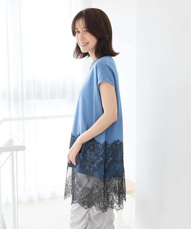Green Parks フレンチスリーブ裾レースロゴチュニック Blue