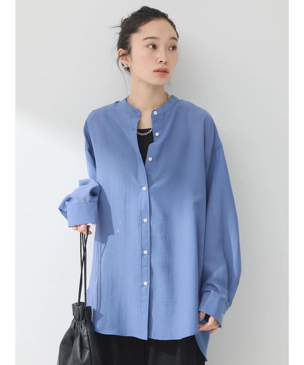 earth music&ecology シアーバンドカラーシャツ Blue