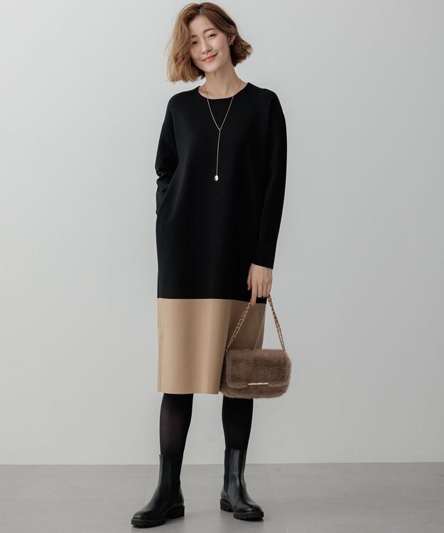 23区 S 【WEB&一部店舗限定カラーあり/洗える】ミラノリブ バイカラーニットワンピース ブラック×キャメル