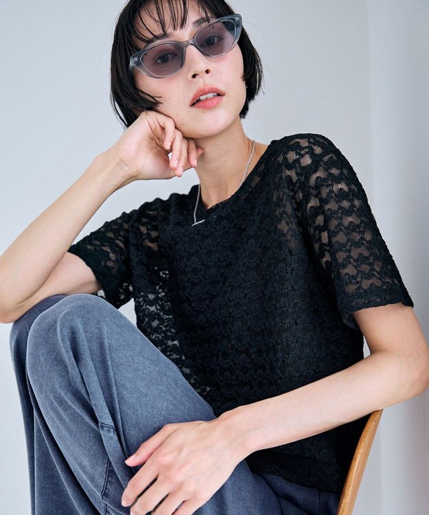 ANY レースショート丈Tシャツ ブラックレース