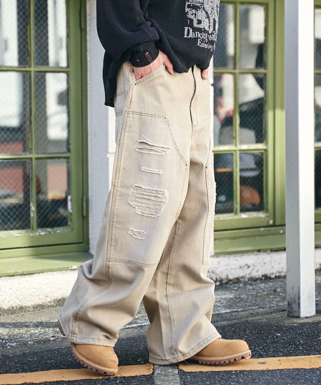 WEGO ダブルニーダメージデニムパンツ ベージュ