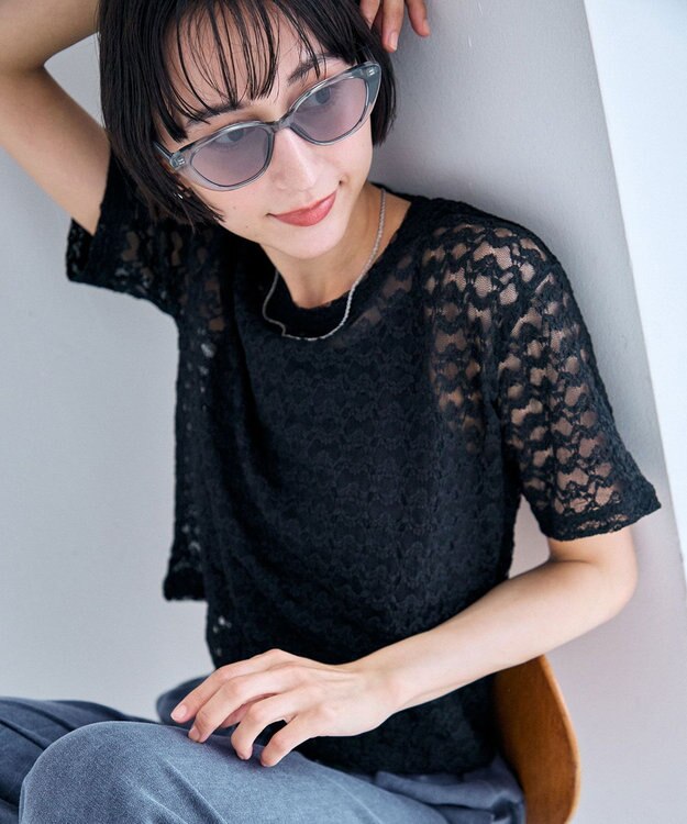ANY レースショート丈Tシャツ ブラックレース