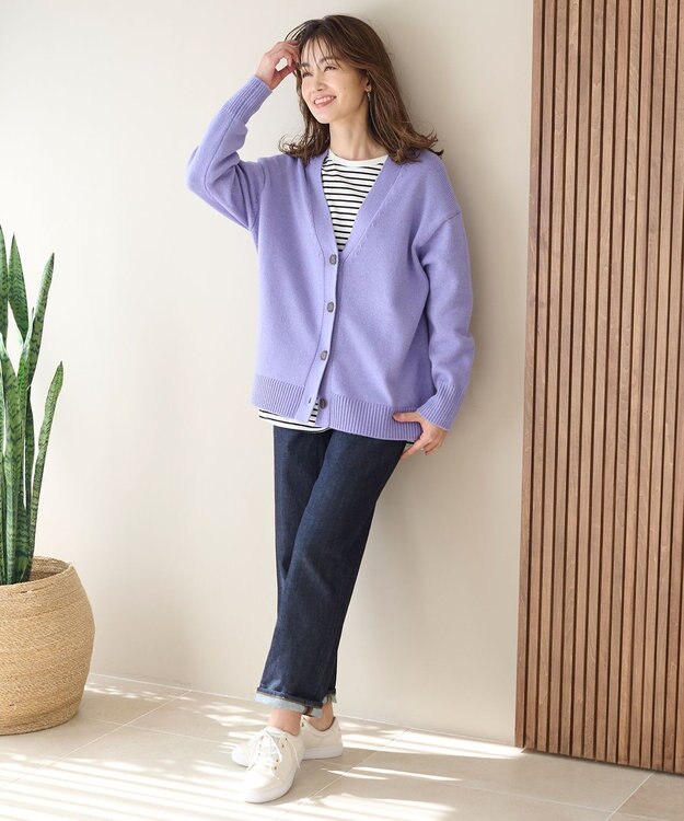 ANY 【洗濯機可】ラムウールVネック カーディガン ラベンダー