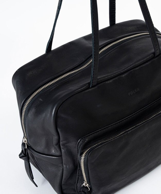 FOLNA RD ソフトレザーフロントポケットボストンバッグ ブラック