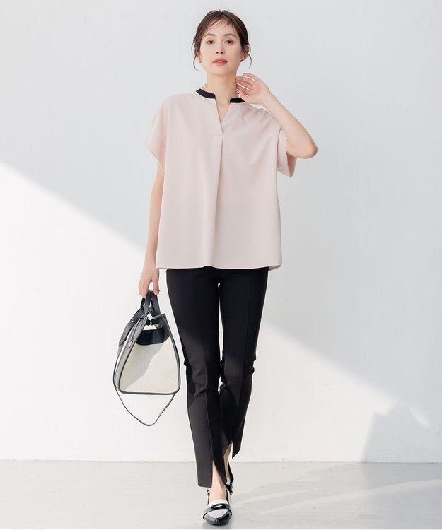 組曲 L 【洗える】バイカラージョーゼットスキッパー ブラウス ベージュ系