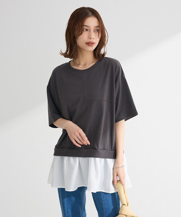 Green Parks 裾フリルドッキング５分袖プルオーバー Red