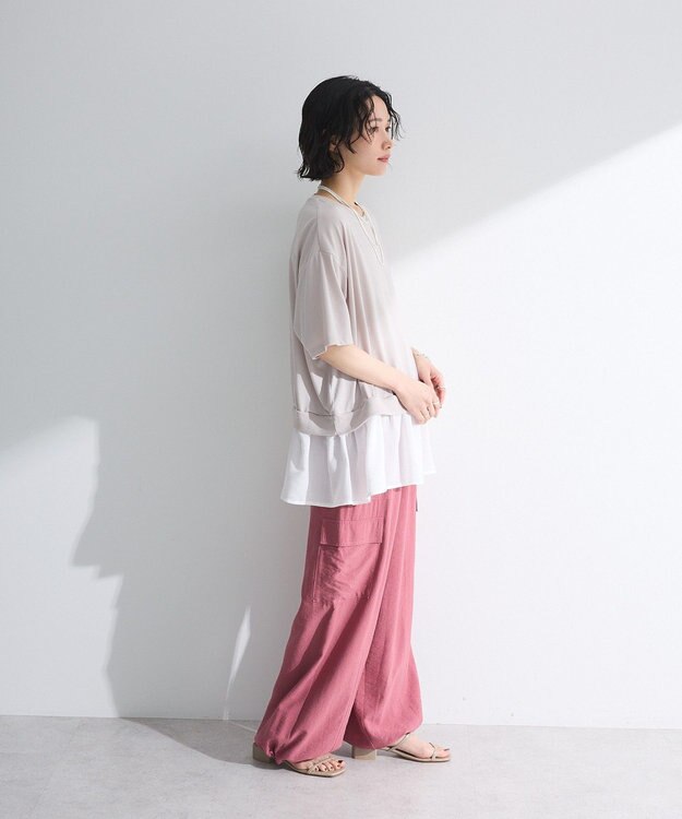 Green Parks 裾フリルドッキング５分袖プルオーバー Red