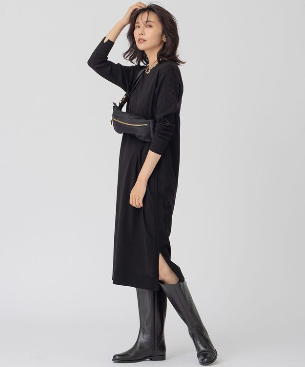 23区 L 【好評につきカラー追加】ヴィスコースストレッチ リブ袖 ワンピース ブラック