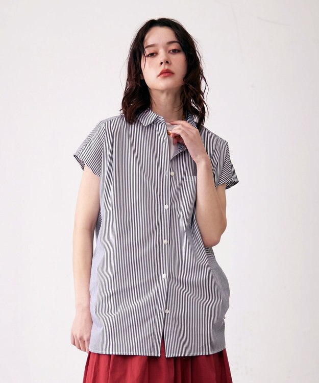 J.PRESS YORK STREET 【WOMEN】キャップスリーブ ストライプブラウス ブラック系1