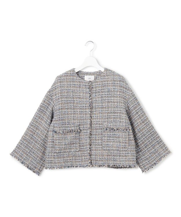 23区 GIOLICAツイード ノーカラー ジャケット ブルーミックス
