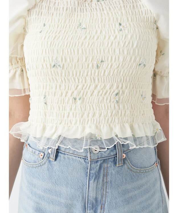 earth music&ecology フラワー刺繍ブラウス White