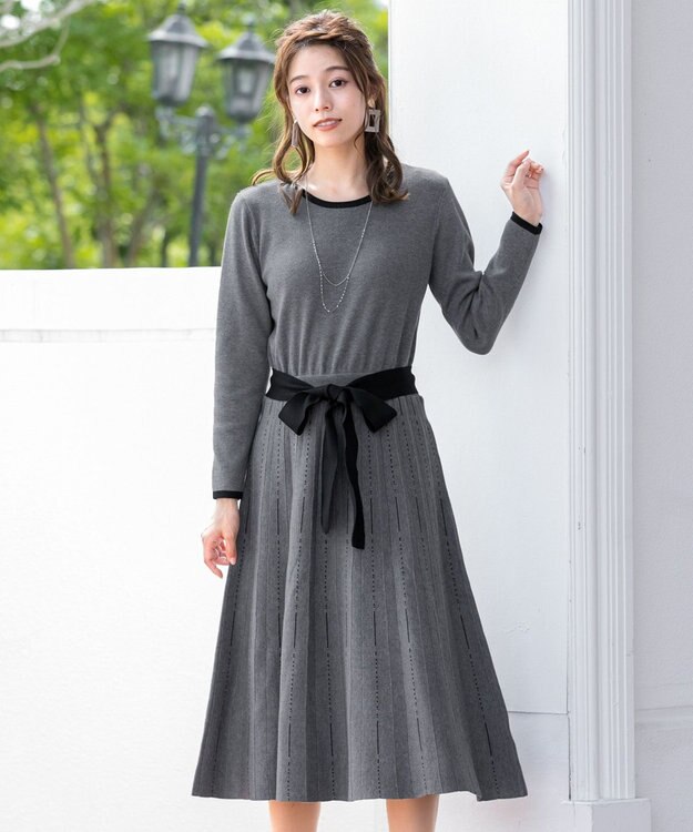 Tiaclasse 【洗える】1枚で着映えするステッチニットワンピース チャコール×ブラック