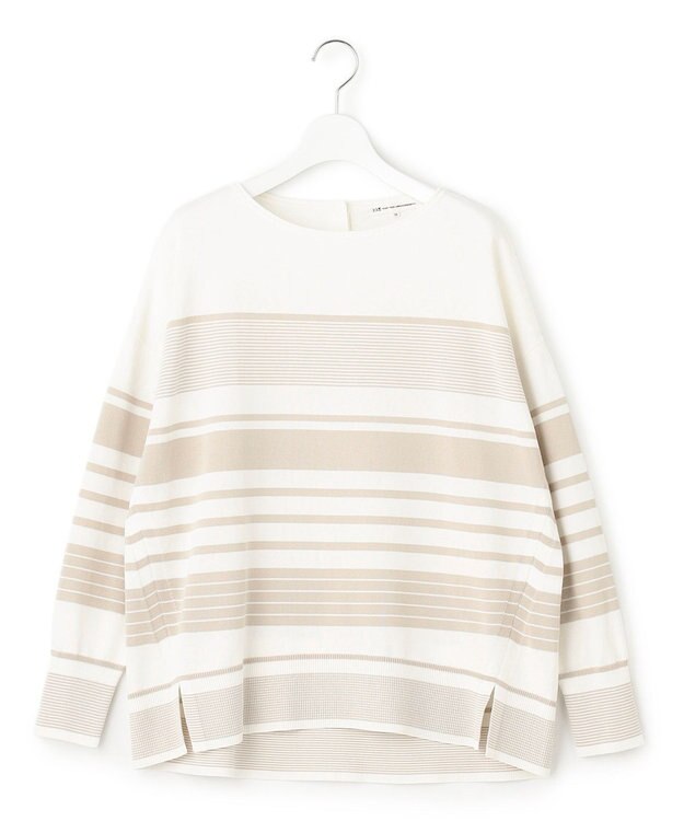 23区 【洗える】コットンポリエステルストレッチ オーバーサイズ ニット オフホワイトxベージュボーダー