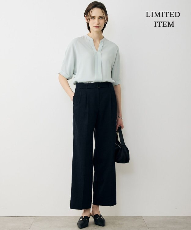 ICB L 【先行予約・WEB限定】BackSatinAmunzen 5分袖キーネックブラウス アッシュブルー