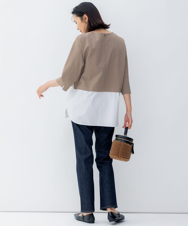 23区 【洗える】コンビネーション チュニック カットソー ブラウン×ベージュストライプ