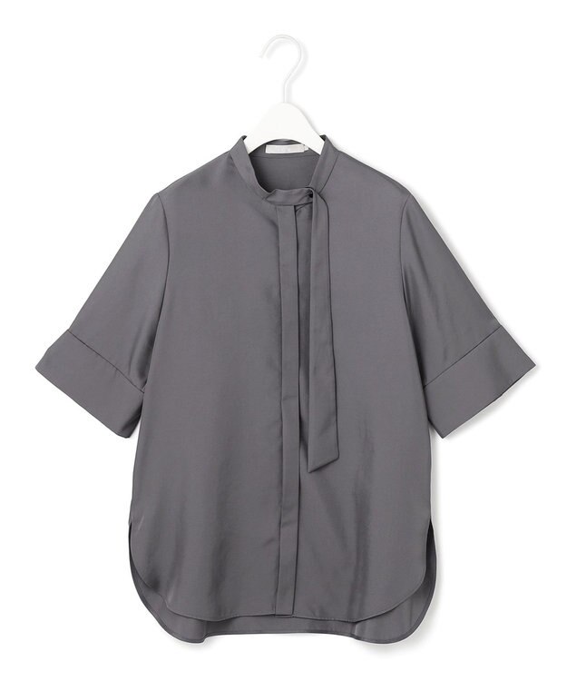 ICB 【接触冷感・速乾・洗える】シルキーツイル デザインブラウス チャコールグレー系