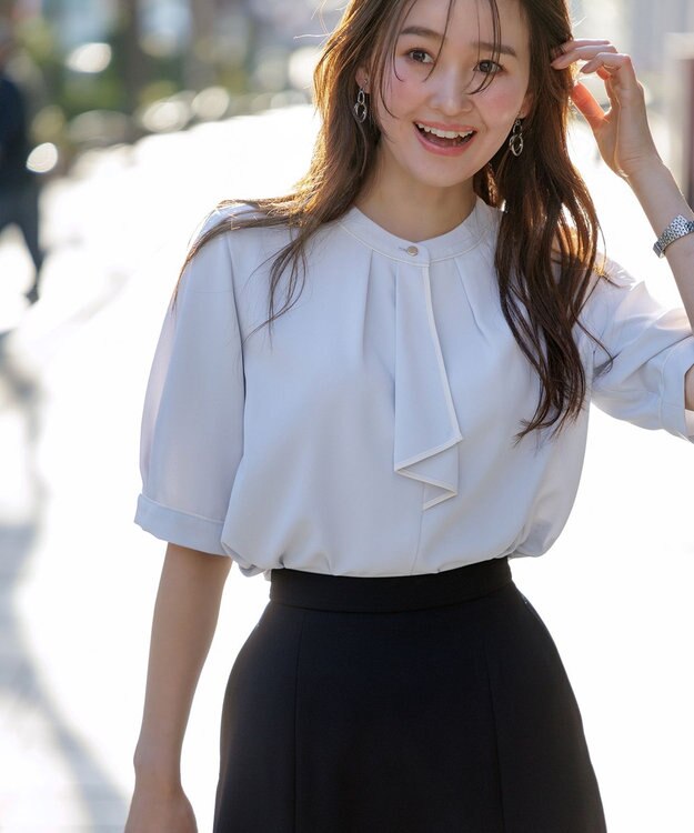 ANY SIS L 【洗える】バイカラーラッフルボウ ブラウス ライトブルー