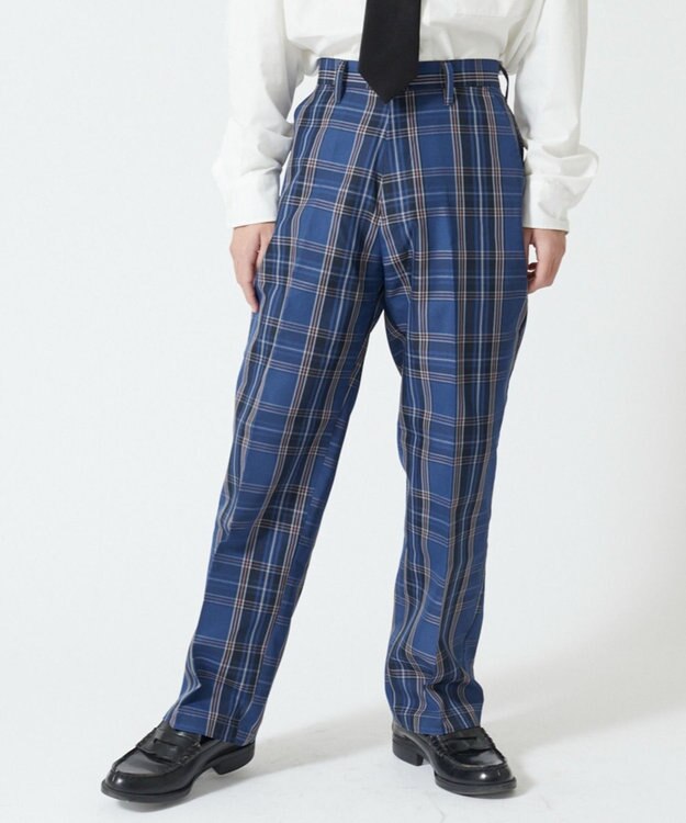 WEGO 【SCHOOLITEM】メンズスクールチェックセミワイドスラックス ブルーチェック2