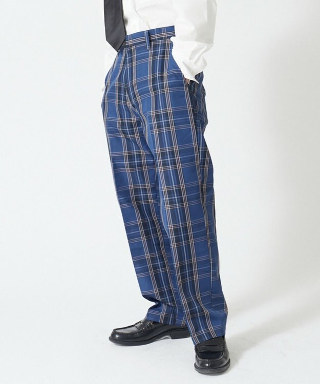 WEGO 【SCHOOLITEM】メンズスクールチェックセミワイドスラックス ブルーチェック2