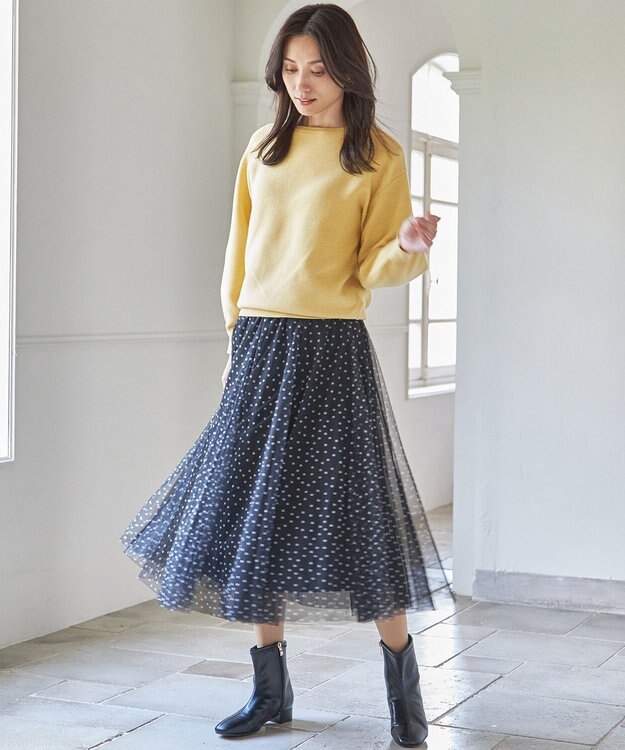 ANY 【ウエストゴム】チュールフレアースカート クロベース×ホワイトドット