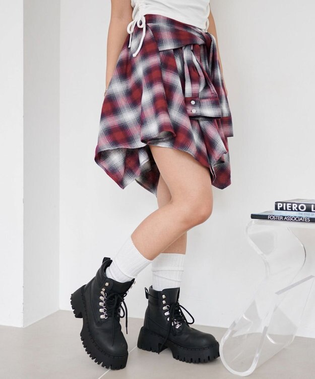 WEGO チェックシャツイレヘムミニスカート レッド