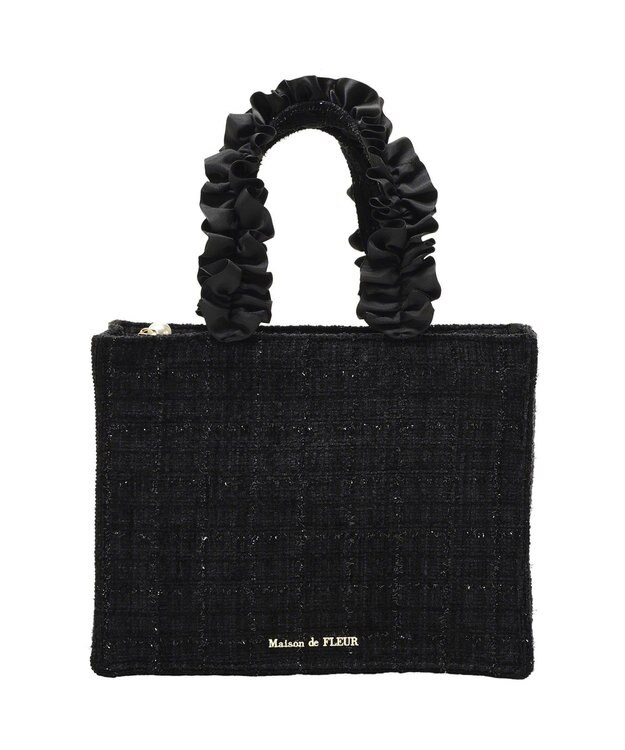 Maison de FLEUR ツイードフリルハンドルスクエアトートバッグ Black