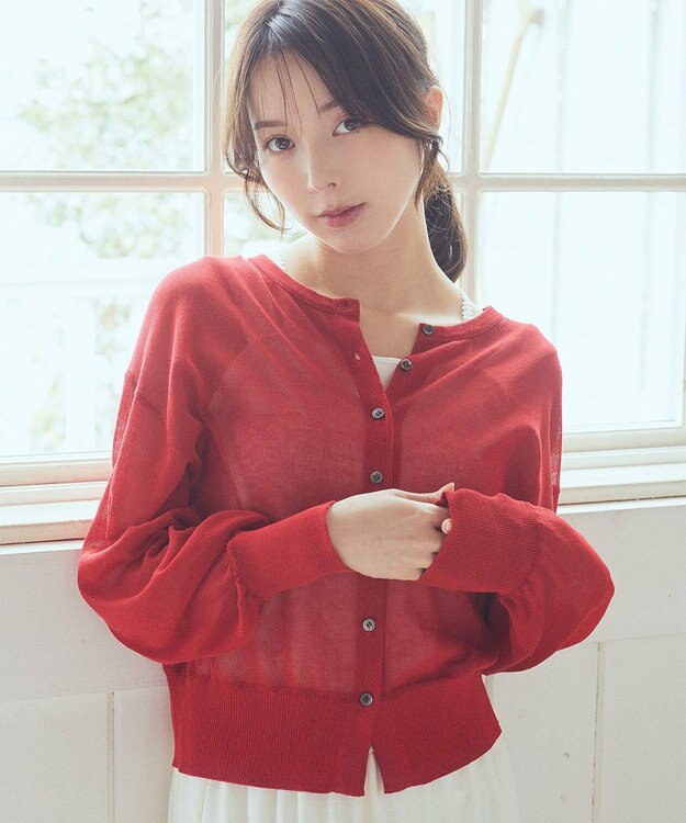 earth music&ecology 接触冷感シアークルーニットカーディガン Red