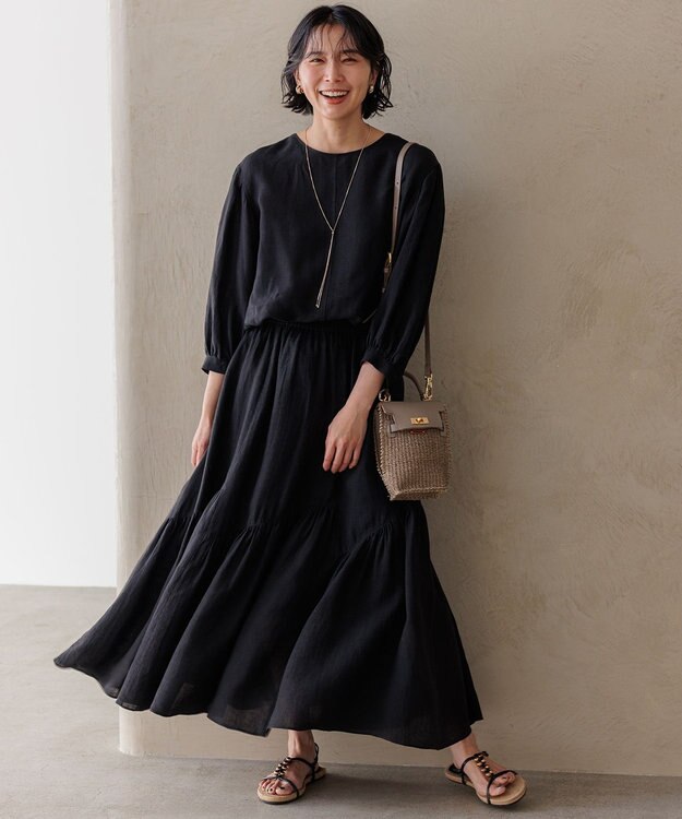 23区 【洗える】LIBECO ティアード スカート ブラック系