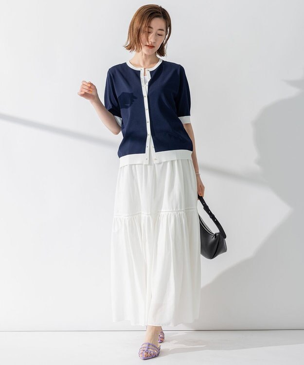 23区 【洗える】レーヨンポリエステルストレッチ 半袖 カーディガン ネイビー×オフ