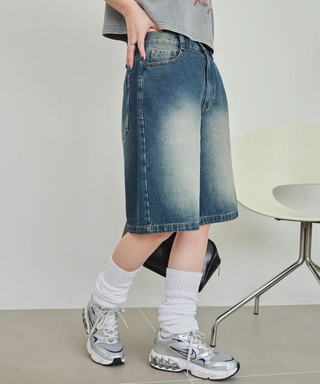 WEGO 【SMサイズ展開】ヴィンテージウォッシュデニムハーフパンツ デニム中濃色