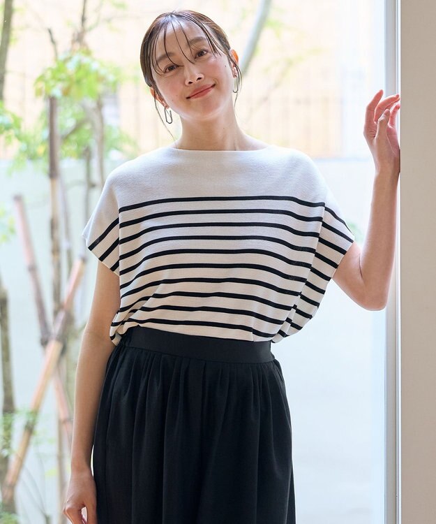 ANY 【新色追加/14色展開】アクリルガーターフレンチスリーブニット オフ×ブラック