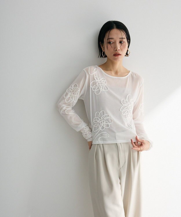 Green Parks ・ＥＬＥＮＣＡＲＥ　ＤＵＥ　コード刺繍シアーロンＴ Off White