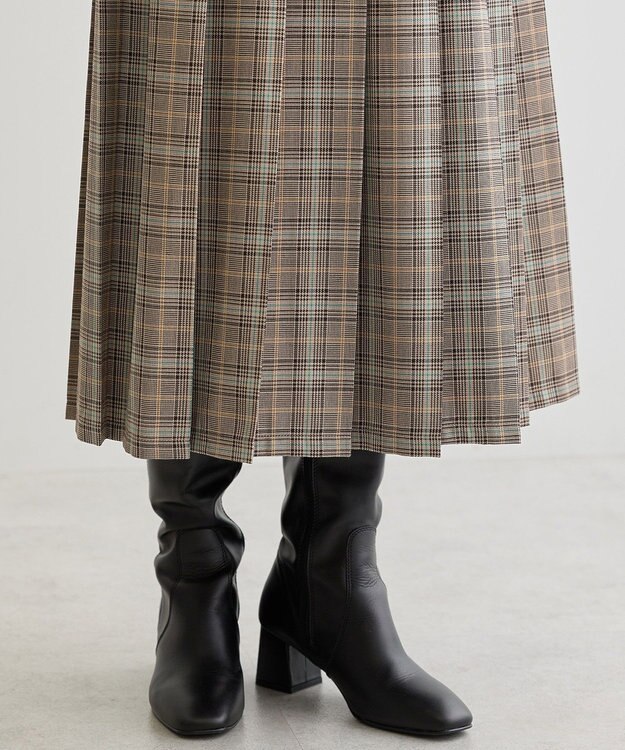 Green Parks ワイドプリーツチェックスカート Brown