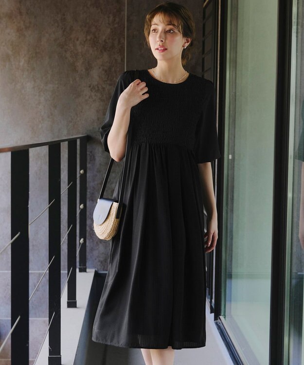 Tiaclasse 【洗える】シャーリングパフスリーブシアーワンピース ブラック
