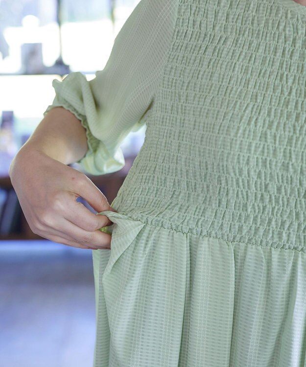 Tiaclasse 【洗える】シャーリングパフスリーブシアーワンピース ミント