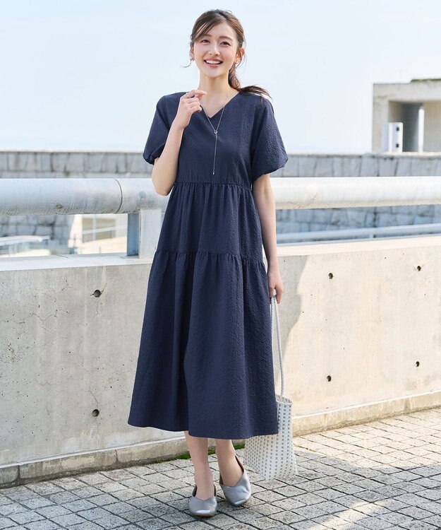 Tiaclasse リップルティアードワンピース ネイビー