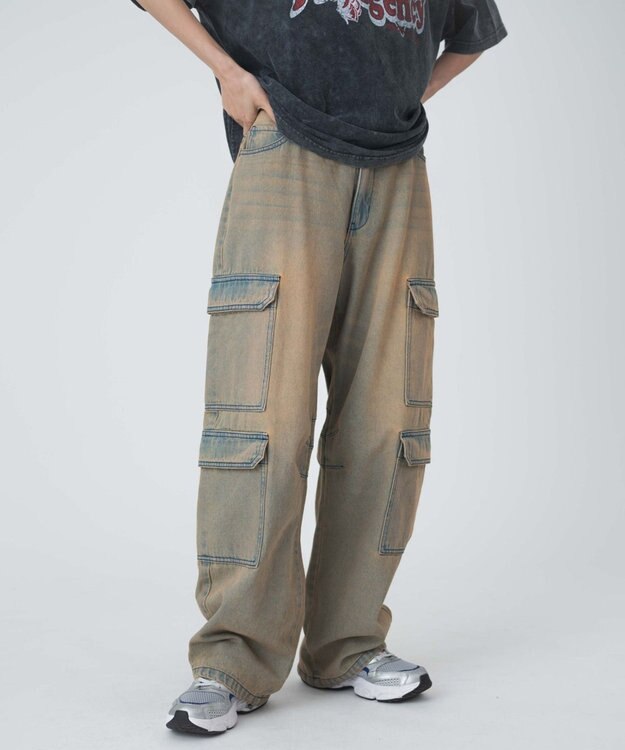 WEGO ヴィンテージウォッシュデニムカーブカーゴパンツ デニム淡色