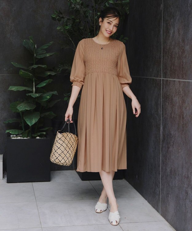 Tiaclasse 【洗える】シャーリングパフスリーブシアーワンピース キャメル