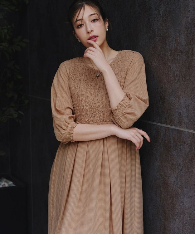 Tiaclasse 【洗える】シャーリングパフスリーブシアーワンピース キャメル