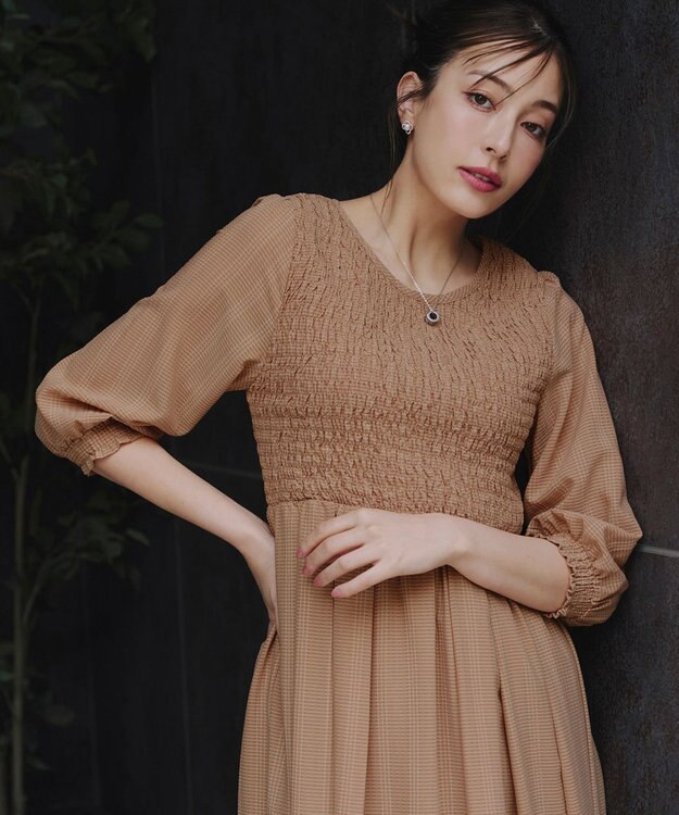 Tiaclasse 【洗える】シャーリングパフスリーブシアーワンピース キャメル