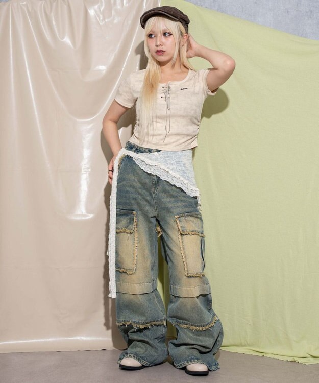 WEGO ブローチ付きレースアップT ベージュ