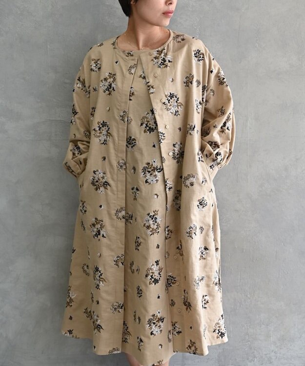 muuc 〈コットン×リネン〉〈高品質なドライタッチ生地〉野小花刺繍ゆったりワンピース ベージュ