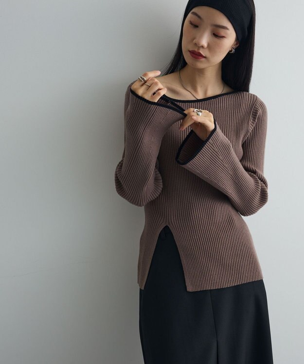 Green Parks 前後２ｗａｙアシンメトリー袖フレアリブニット Gray Beige