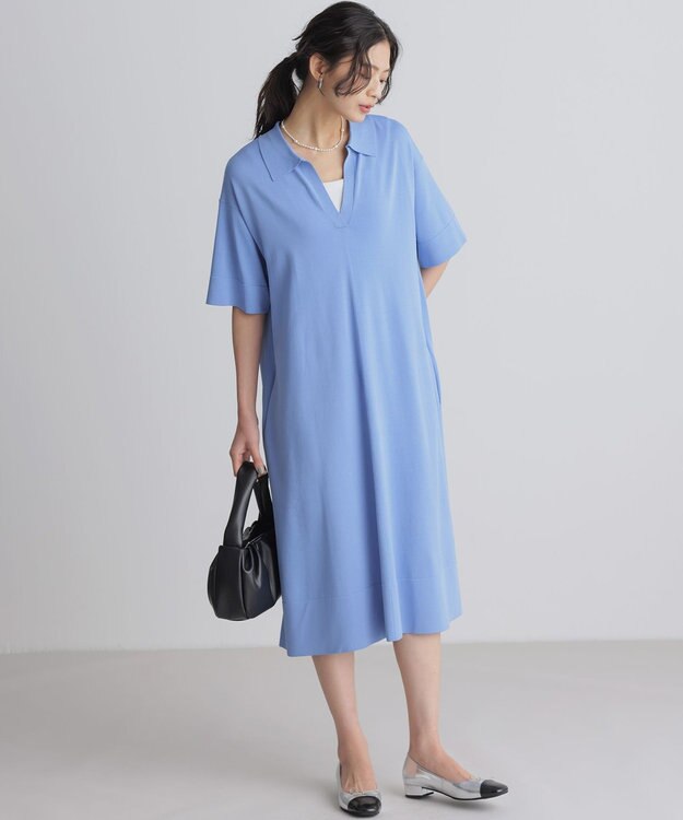 組曲 クリアストレッチスキッパーニット ワンピース ブルー系