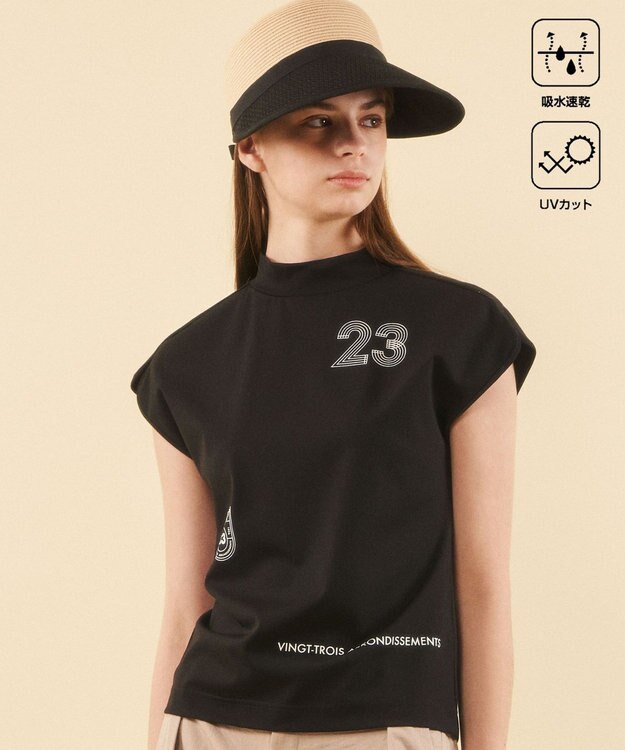 23区GOLF 【WOMEN】新色追加！【吸水速乾/UVカット】フレンチスリーブロゴモックネック ブラック系