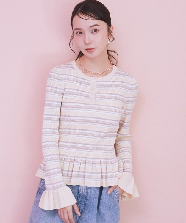 earth music&ecology ペプラムニットプルオーバー Border Yellow