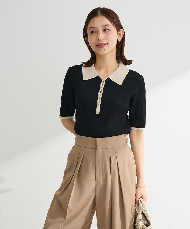 Green Parks 配色ニットポロ Black