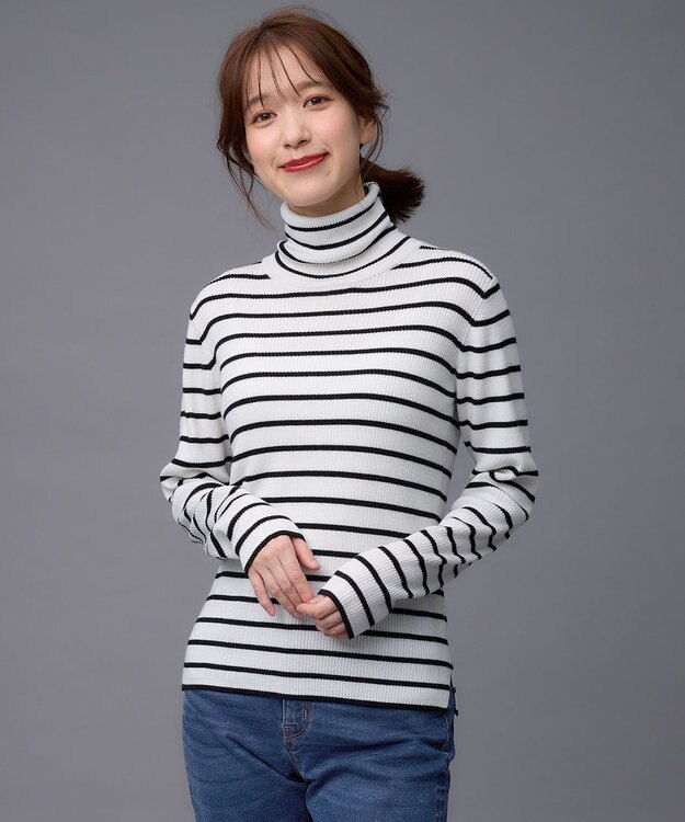 ANY ウールブレンドリブニット オフベース×ブラックラインボーダー