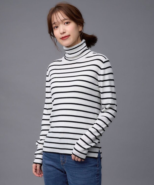 ANY ウールブレンドリブニット オフベース×ブラックラインボーダー