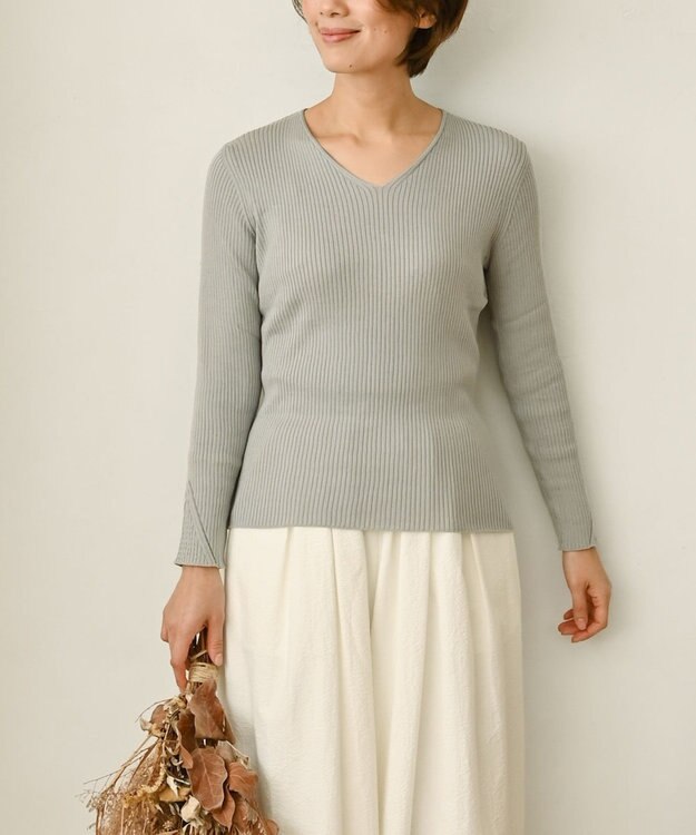 muuc 〈高品質シルク＆スーピマ超長綿〉〈洗えるニット〉〈通年着られる〉Vネックプルオーバー グレー